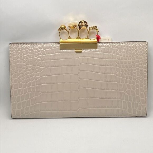 Alexander McQueen Four-Ring Knuckle Clasp Croc Embossed Leather Clutch - Picture 3 of 12